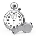 Classic Metal Coaches Whistle near Chrome Stopwatch. 3d Rendering Royalty Free Stock Photo