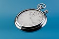 Classic metallic chrome mechanical analog stopwatch isolated on blue background. 3d render