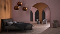 Classic metaphysics surreal interior design, bedroom with ceramic floor, open space, archway with stucco colored walls and
