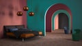 Classic metaphysics surreal interior design, bedroom with ceramic floor, open space, archway with stucco colored walls and