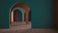 Classic metaphysics surreal interior design, empty space with ceramic floor, archway with stucco colored walls, colorful plaster, Royalty Free Stock Photo