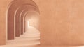 Classic metaphysics surreal interior design, imaginary fictional architecture. Archway with orange marble walls. Move forward,