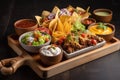 classic mexican snack tray with a variety of tacos, burritos, and nachos