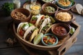 classic mexican snack tray with a variety of tacos, burritos, and nachos