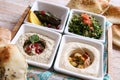 Classic mezza platter with Baba Ganoujm, Turkish Salsa, Labneh, Taboula and Vine leaves served in dish isolated on background top