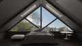 Classic mezzanine loft with big panoramic window, bedroom, summer or spring garden meadow, minimalist scandinavian interior design