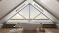 Classic mezzanine loft with big window and sea panorama, bathroom, summer sunset or sunrise, minimalist scandinavian interior