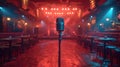 Vintage microphone on stage in an empty club with ambient lighting. retro music venue. captivating performance space Royalty Free Stock Photo