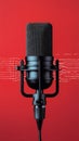 Classic microphone on a vibrant red background with sound wave pattern behind it Royalty Free Stock Photo