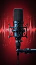 Classic microphone on a vibrant red background with sound wave pattern behind it Royalty Free Stock Photo
