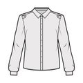 Classic military style shirt technical fashion illustration with buttoned placket, shoulder epaulettes, long sleeves.