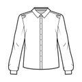 Classic military style shirt technical fashion illustration with buttoned placket, shoulder epaulettes, long sleeves.