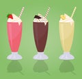 Classic Milkshakes with Cream in Glass - Strawberry - Chocolate - Banana