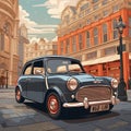 classic mini cooper car illustrated in cartoon style on a London street