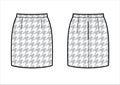 Classic mini pencil skirt with houndstooth pattern. Back and front. Technical flat sketch.