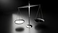 Empty silver scales of justice on a dark, reflective surface. Royalty Free Stock Photo