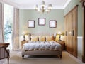Classic modern bedroom with olive walls, large window and wooden furniture Royalty Free Stock Photo