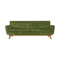 Classic modern green sofa with wooden legs, quilted back isolated on white background.