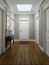 Classic modern hallway corridor interior with beige walls and white doors. Key table and a large mirror with sconces on the wall Royalty Free Stock Photo