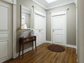 Classic modern hallway corridor interior with beige walls and white doors. Key table and a large mirror with sconces on the wall