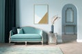 Classic modern living room in fresh colors with a classic sofa, a poster on the wall, a feather in an elegant vase. Royalty Free Stock Photo