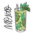 Classic Mojito alcohol cocktail. Flat Style. Colorful cartoon vector illustration. Isolated on white background Royalty Free Stock Photo