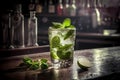 Classic mojito cocktail on a bar counter in a dark bar, generative AI