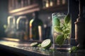 Classic mojito cocktail on a bar counter in a dark bar, generative AI