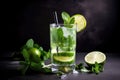 classic mojito with fresh mint and lime, served in glass rimmed with sugar