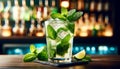 Classic Mojito in a highball glass, vibrant green mint leaves, focus on the drink, ice cubes visible, bar blurred in the