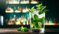 Classic Mojito in a highball glass, vibrant green mint leaves, focus on the drink, ice cubes visible, bar blurred in the