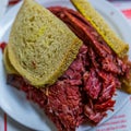 Classic Montreal-style smoked meat sandwich, piled high on fresh rye bread. Royalty Free Stock Photo