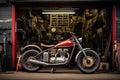 Classic motorbike parked in front of vintage garage. Generative AI