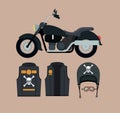 Classic motorcycle with jacket and helmet with symbol of skull and bones in wheat color background