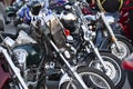 Classic Motorcycles group parking on street during journey Royalty Free Stock Photo