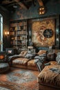 Classic movie set-inspired living room with film memorabilia and vintage projectors.3D render