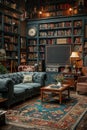 Classic movie set-inspired living room with film memorabilia and vintage projectors.3D render