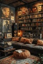 Classic movie set-inspired living room with film memorabilia and vintage projectors.3D render