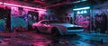 A classic muscle car bathed in pink neon light sits in an urban garage, surrounded by expressive graffiti walls and Royalty Free Stock Photo