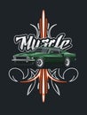 Classic muscle car poster with tribal ornament.