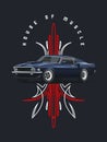 Classic muscle car poster with tribal ornament. Royalty Free Stock Photo