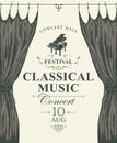 Classic music poster with grand piano and curtains