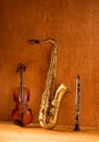 Classic music Sax tenor saxophone violin and clarinet vintage Royalty Free Stock Photo