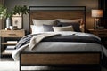 classic natural wood bed with sleek metal frames and soft linens