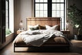 classic natural wood bed with sleek metal frames and soft linens