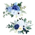 Classic navy blue rose, white hydrangea, ranunculus, anemone, dark thistle flowers