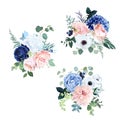 Classic navy blue, white, blush pink rose, hydrangea, ranunculus, dahlia