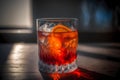 Classic negroni cocktail on a bar counter in a dark bar, generative AI