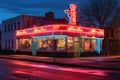 classic neon sign glowing on a vintage diner facade