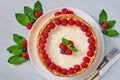 Classic New York cheesecake with fresh raspberries, blueberries and mint leaves on the white plate on the gray kitchen background Royalty Free Stock Photo